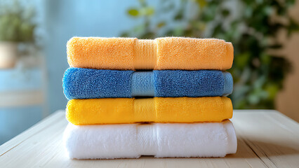 Stack of colorful towels on a cream wooden table with a blurry background.