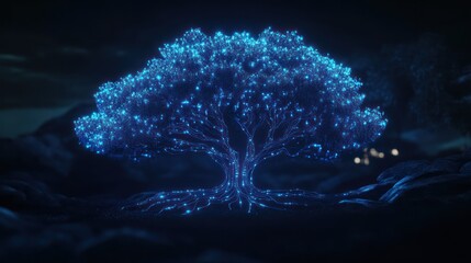 Glowing tree, night landscape, fantasy, digital art
