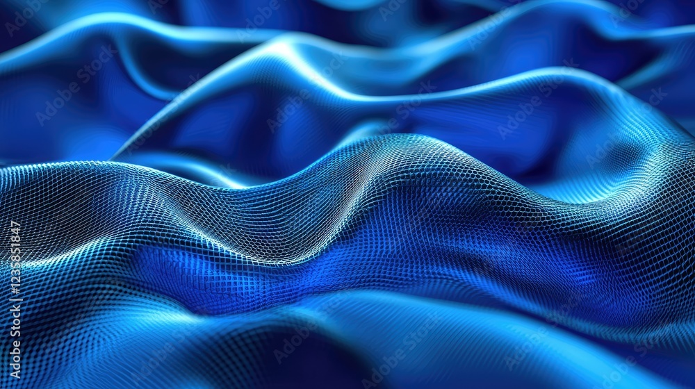 Poster elegant waves of blue fabric flowing in smooth motion, capturing the subtle play of light on texture