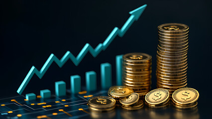 Stock market concept illustration. Below the arrows, there is a series of 3D bar charts in alternating gold colors, representing financial data. To the right of the graph, several 3D coins with golden