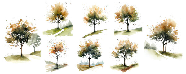 tree autumn spring isolated watercolor hand drawn