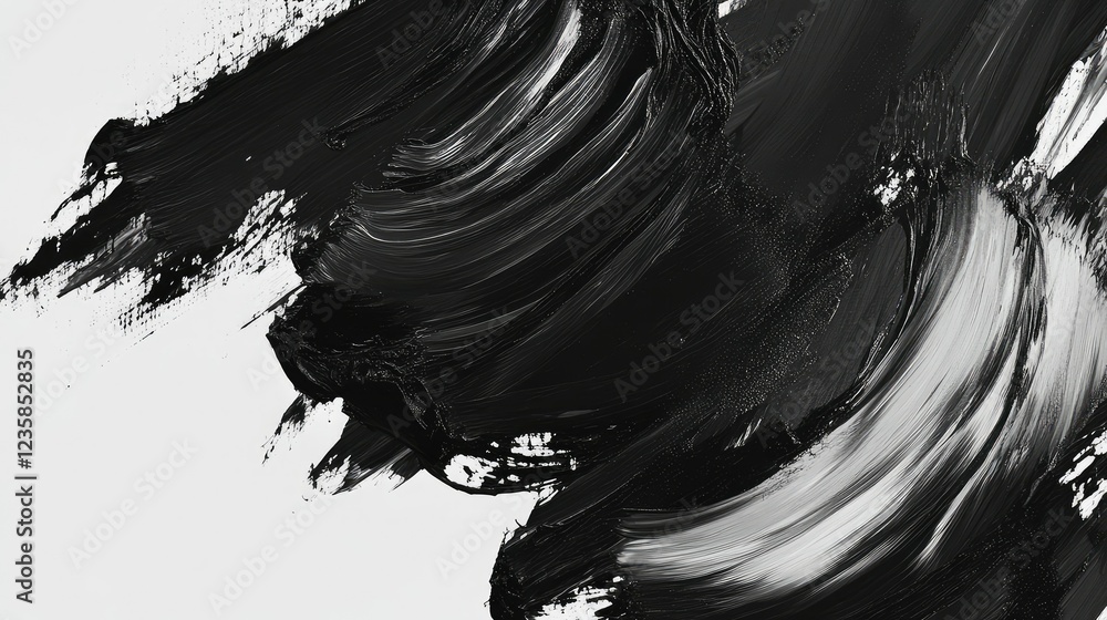 Poster abstract black and white paint strokes creating a dynamic texture on a light background, emphasizing