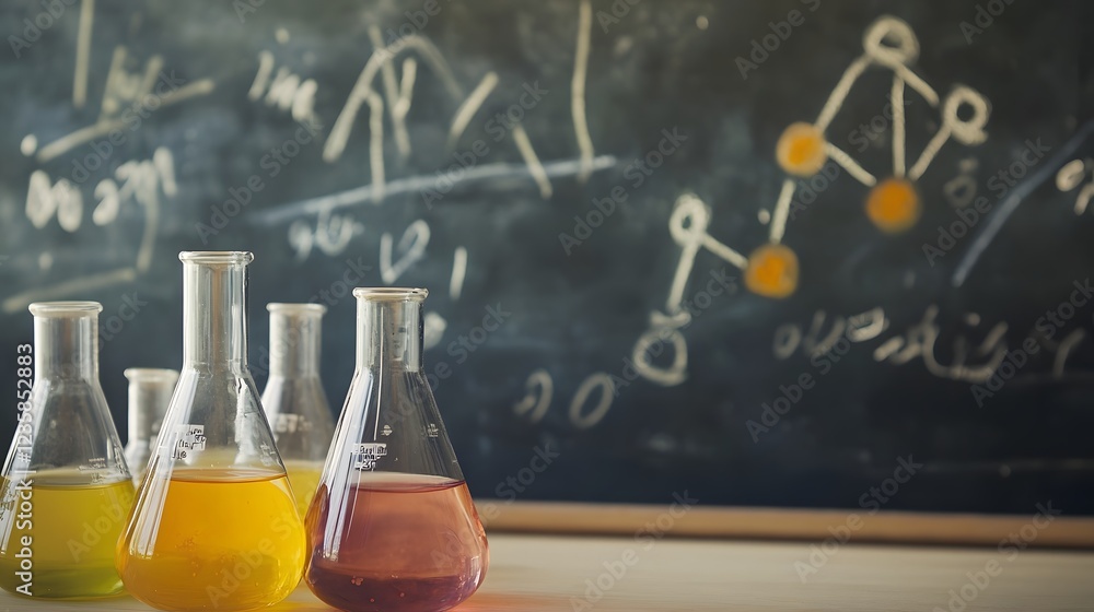 Poster Close up view of a scientific laboratory setup featuring various glass beakers flasks and test tubes filled with colored liquids representing an ongoing chemical experiment or analysis