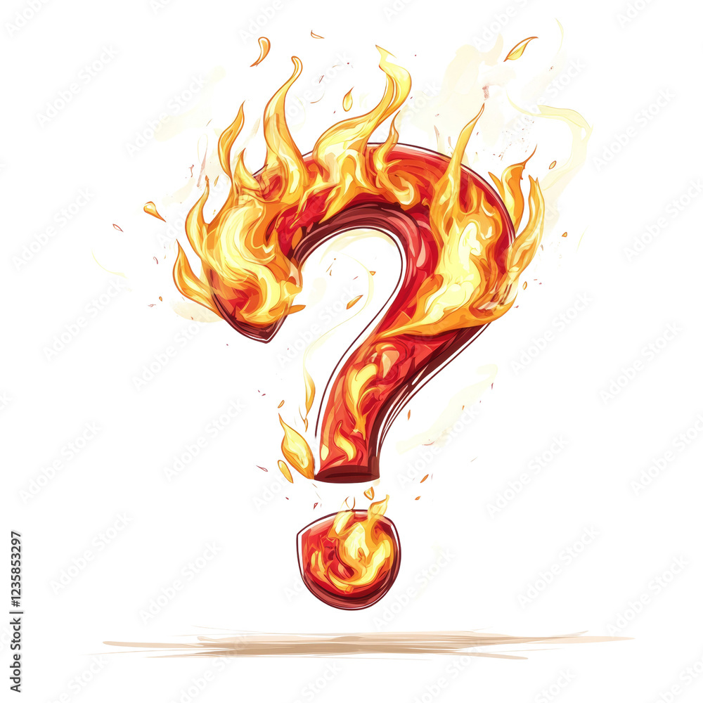 Poster A question mark engulfed in vibrant flames creating a visually striking and symbolic image.