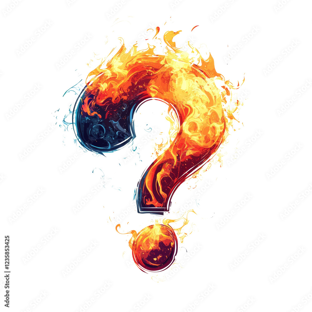 Poster a stylized question mark is depicted as a fiery inferno against a black background, symbolizing an e