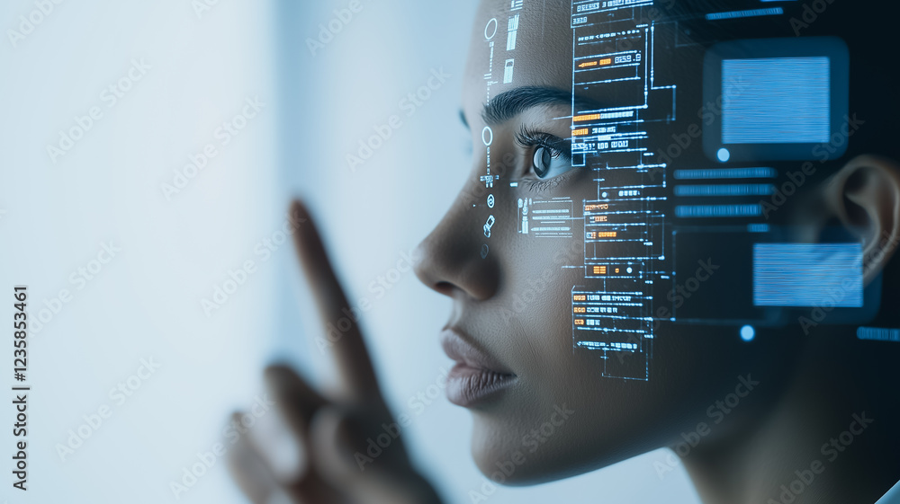 Poster digital visionary: a close-up profile of a woman, her face overlaid with futuristic data streams and