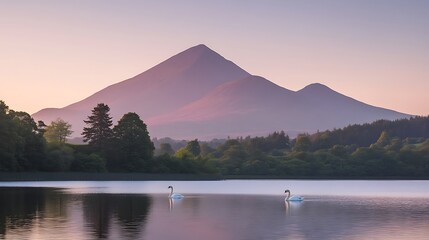 Two swans on calm lake at sunrise, majestic mountain in background.