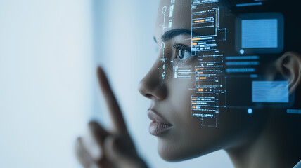 Digital Visionary: A close-up profile of a woman, her face overlaid with futuristic data streams and digital interfaces, symbolizes the intersection of human intelligence and artificial intelligence.