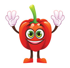 Cheerful red pepper character with both hands raised, smiling and excited. Vector cartoon illustration
