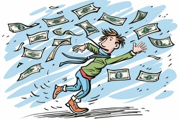 Person Chasing Flying Money in Windy Cartoon Style