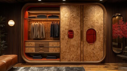 Stylish modern wardrobe with elegant wooden design, showcasing neatly hung clothing and organized storage, perfect for luxury interior inspiration.