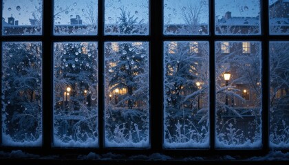 Frosted windowpanes in cold December nights