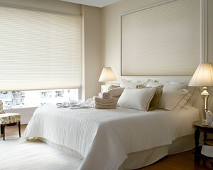 Serene bedroom, soft light, textured bedding, city view.