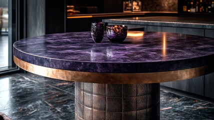 Fototapeta premium Elegant purple marble dining table with gold accents, adorned with decorative vases, showcasing modern luxury in a stylish interior setting. Perfect for upscale home decor.