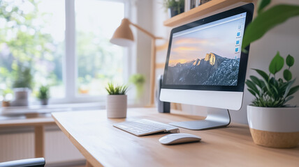 Naklejka premium Modern Minimalist Workspace: A sleek and minimalist home office workspace bathed in natural light, showcasing a computer, keyboard, and mouse on a wooden desk amidst potted plants and a soft lamp.