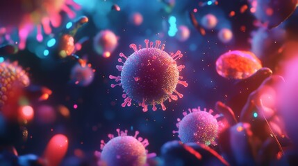 Abstract rendering of white blood cells glowing and combating colorful viruses --ar 16:9 --v 6.1 Job ID: 7dc7d44e-32d8-4557-903f-f0fc6915cb9c