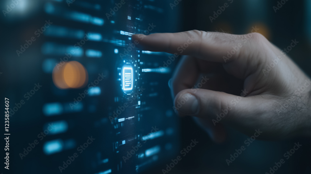 Poster digital touch: a close-up shot of a hand interacting with a futuristic digital interface, emphasizin