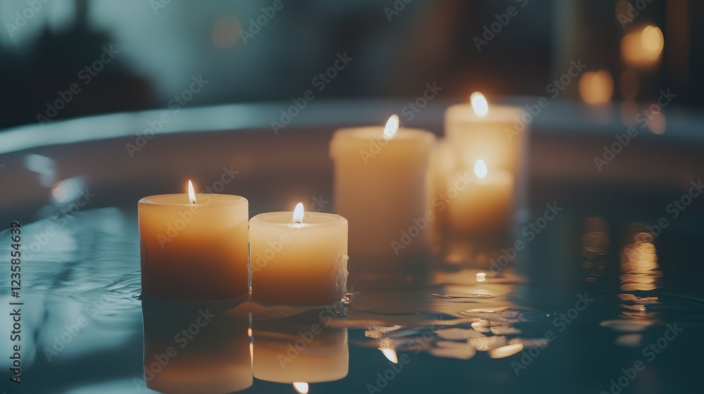 Poster serene scene of softly glowing candles floating on water, creating a calming ambiance for relaxation