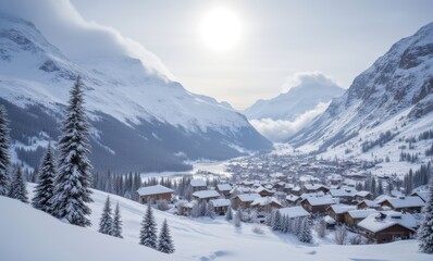 Snowy mountain village in winter sunlight