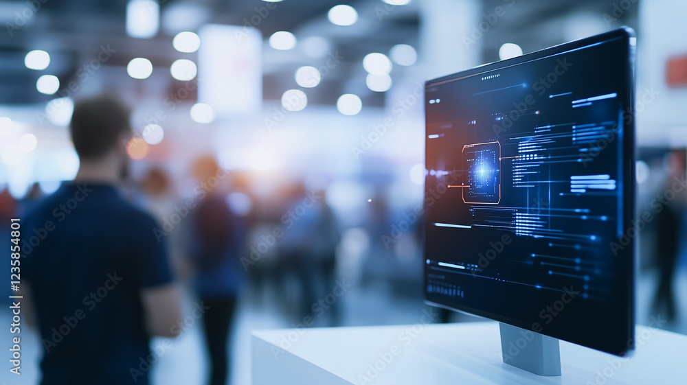 Poster tech conference display: a large monitor showcasing intricate data visualizations takes center stage