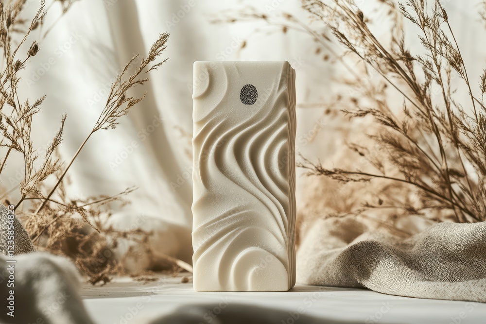 Poster elegant white sculpture with flowing patterns displayed among dried foliage and soft fabric in a ser