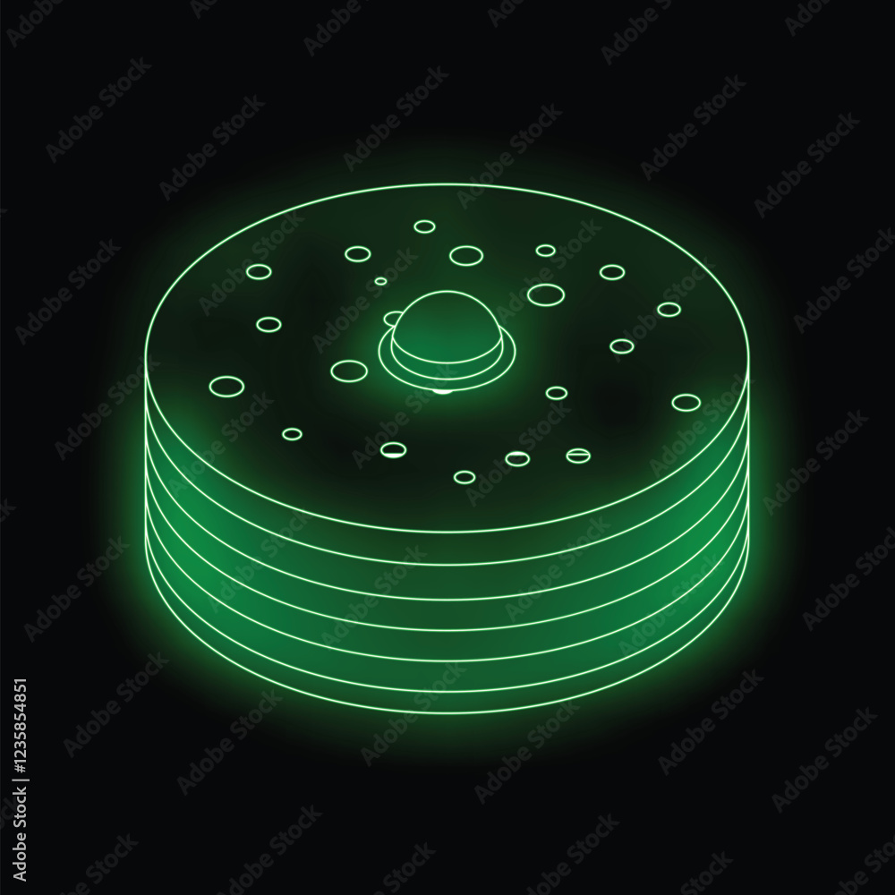 Poster green glowing neon style icon representing a database with multiple layers on a black background