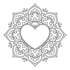 Frame in eastern tradition. Stylized with henna tattoos decorative pattern for decorating covers for book, notebook, casket, magazine, postcard and folder. Flower Heart in mehndi style.