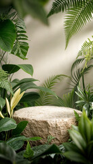 Fototapeta premium This image showcases a stone pedestal set within a lush, tropical jungle backdrop. Surrounded by vibrant green foliage and natural textures, the composition exudes a serene and organic ambiance. The e
