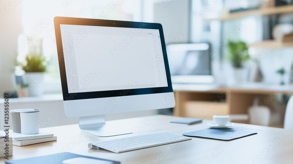 Poster modern workspace mockup: a sleek desktop computer with a blank screen sits on a minimalist desk in a