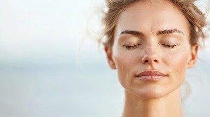 close-up of woman practicing deep breathing exercises with closed eyes