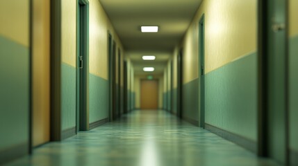 Obraz premium Long Corridors, Mysterious and Eerie Atmosphere. Green Walls and Beige Doors Create a Retro Vibe.