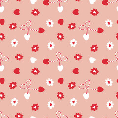 Seamless pattern with martisor symbol of spring, hearts and flowers. Print for paper, textile and fabric. Perfect surface design.