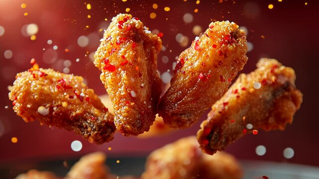 Crispy Chicken Wings Flying Above a Plate with Colorful Sprinkles