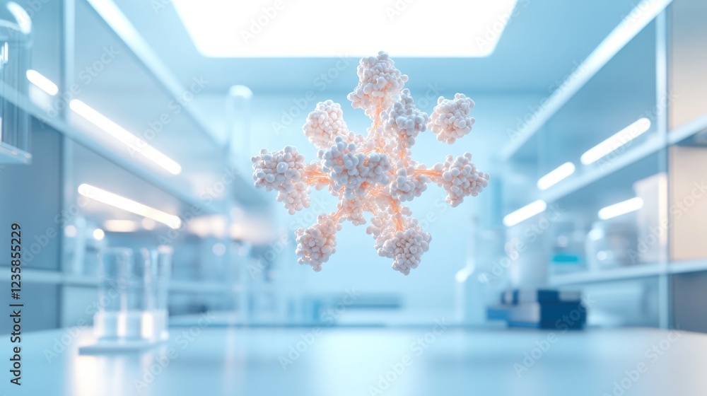 Poster conceptual 3d render of bioengineered protein structure floating in clean and modern lab setting sof