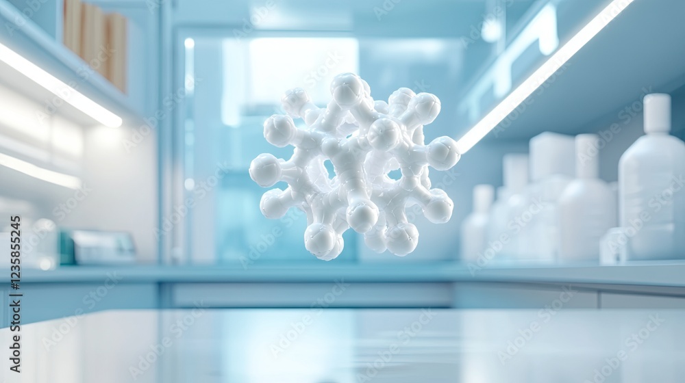 Poster conceptual 3d render of bioengineered protein structure floating in clean and modern lab setting sof