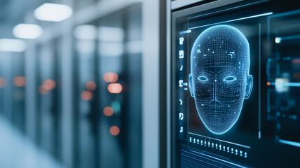 Biometric Authentication: A digital face scan on a server monitor, a visual representation of advanced security measures and identity verification in the modern world. 