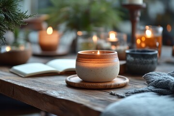 Enjoying a warm cup of tea while relaxing in a cozy, softly lit room decorated for the holidays in the evening
