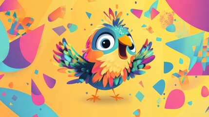 Fototapeta premium Colorful and Cheerful Cartoon Bird Design with Bright Feathers and Playful Background Elements Perfect for Children's Artwork and Fun Themes