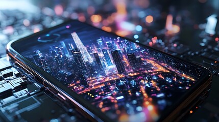 A futuristic city portrait where the AI-driven control of infrastructure is vibrant and dynamic, portrayed on a high-tech smartphone connecting across 