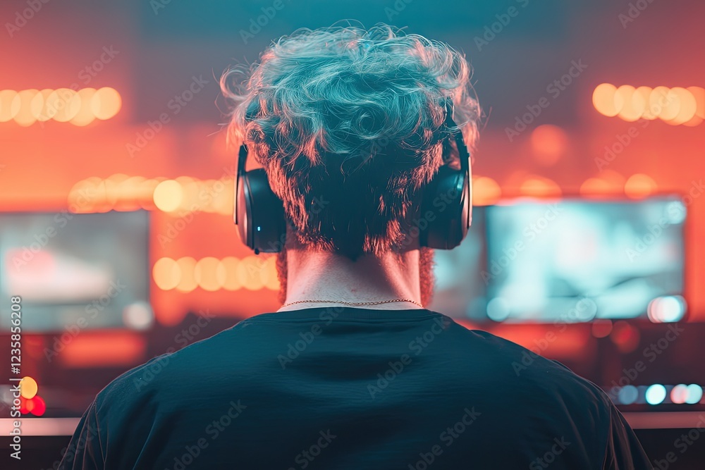 Poster focused esports player intensely practices in modern gaming setup surrounded by screens and equipmen