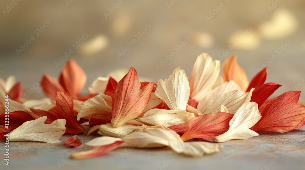 Poster delicate petals in soft hues of red and white scatter gracefully on a subtle background, creating an