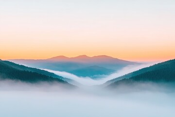 Fototapeta premium foggy mountain landscape with rolling hills and layers of trees soft morning light creating depth copy space