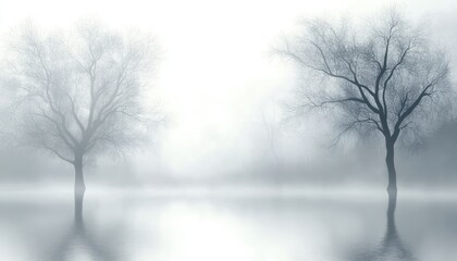 Fototapeta premium Two Bare Trees Reflecting In Foggy Water