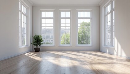 Obraz premium Bright and spacious empty room with large windows and natural light illuminating hardwood floors, creating a serene atmosphere