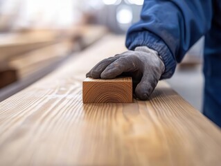 A skilled worker carefully smoothing a wooden block on a workbench in a well-lit workshop for precision crafting. Man build construction wooden concept.