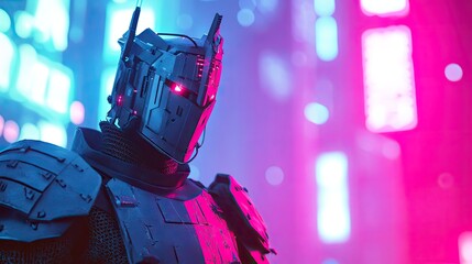 futuristic reimagining of medieval knight clad in sleek cybernetic armor standing against neon-lit cityscape with copy