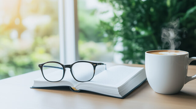 Quiet Morning: An open book rests beside a steaming cup of coffee and eyeglasses, bathed in soft sunlight by a window, suggesting a peaceful and contemplative start to the day. 