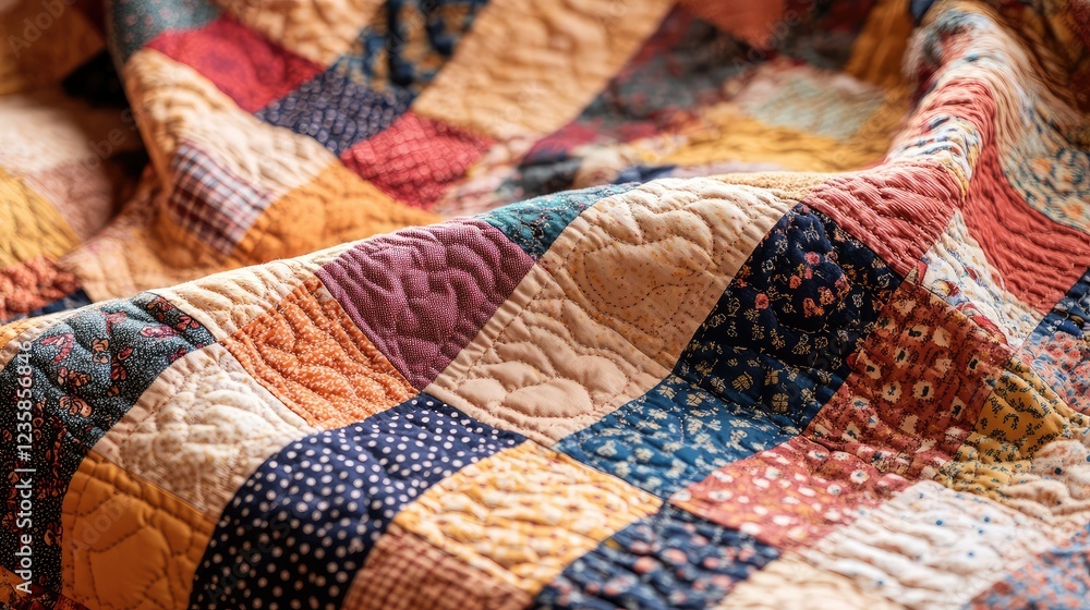 Poster close-up of a colorful patchwork quilt with intricate patterns and textures, showcasing vibrant fabr