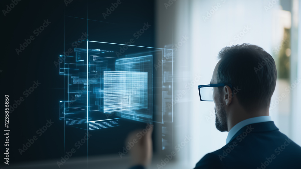 Aufkleber architect reviewing 3d model: a focused architect or designer wearing glasses intently studies a hol