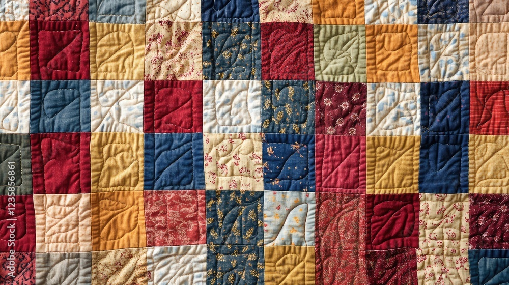 Poster vibrant patchwork quilt texture displaying colorful patterns and intricate stitching crafts emphasiz
